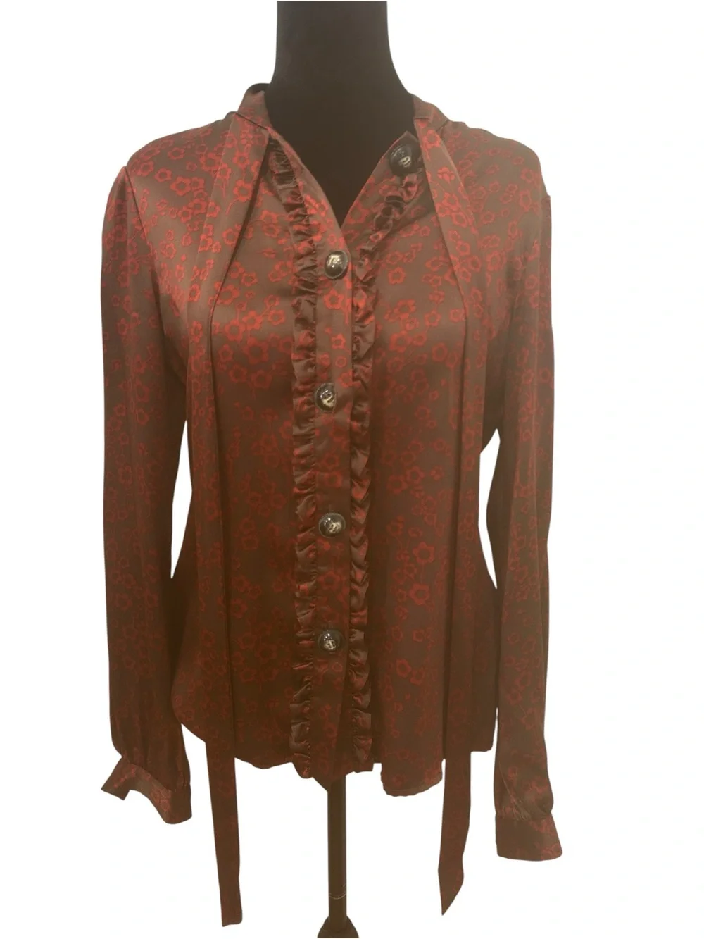 TIBI blouse  Womens 6 silk Floral Tie Neck Ruffle Romantic Dark Academia office
